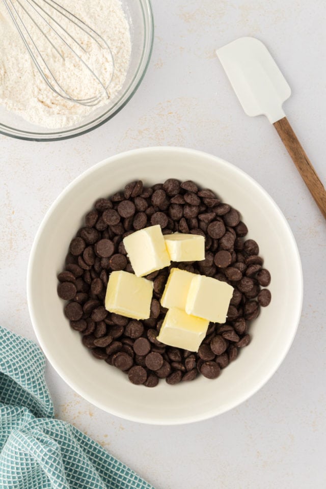 Overhead view of butter and chocolate in bowl