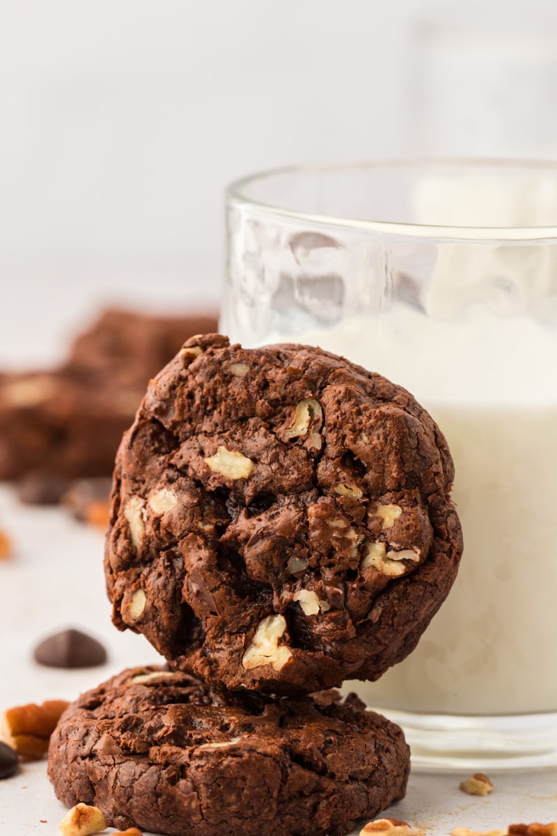 Two double chocolate cookies leaning against glass of milk