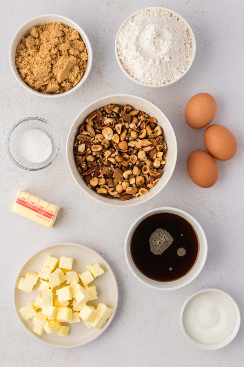 Overhead view of ingredients for maple nut bars