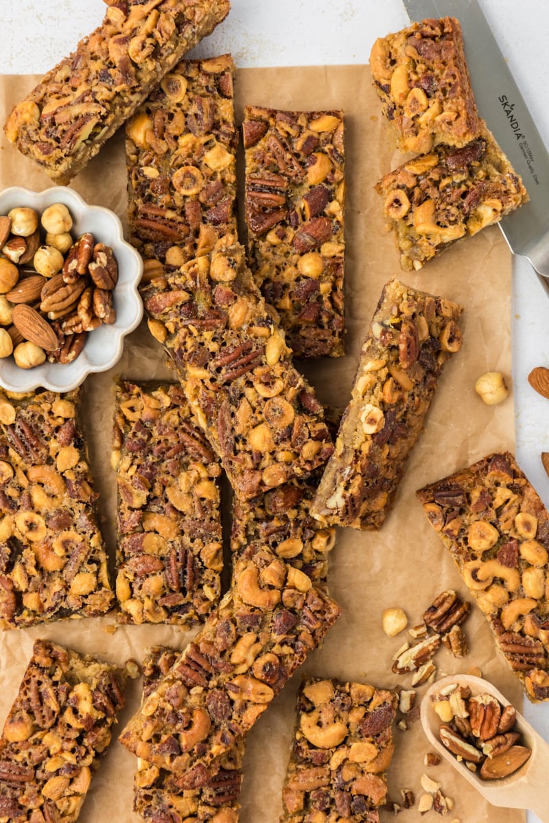 Overhead view of maple nut bars on parchment paper