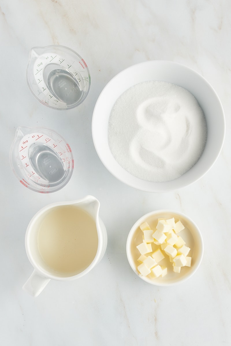 overhead view of ingredients for caramel sauce