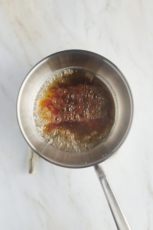 overhead view of caramelized sugar in a saucepan