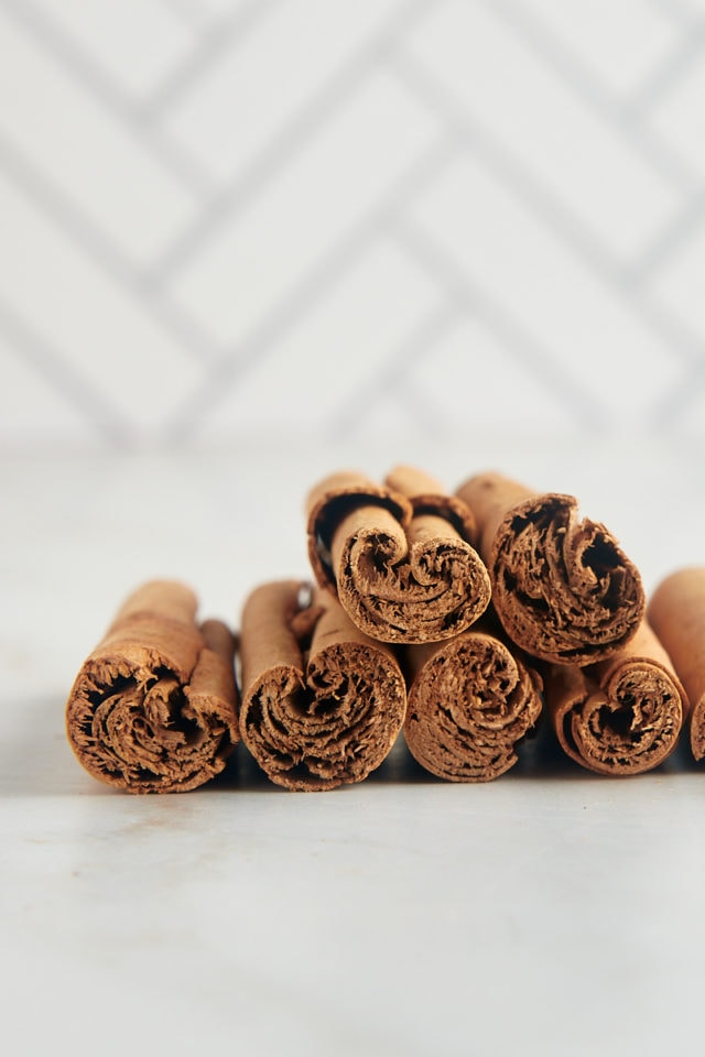 Ceylon cinnamon sticks on a marble countertop