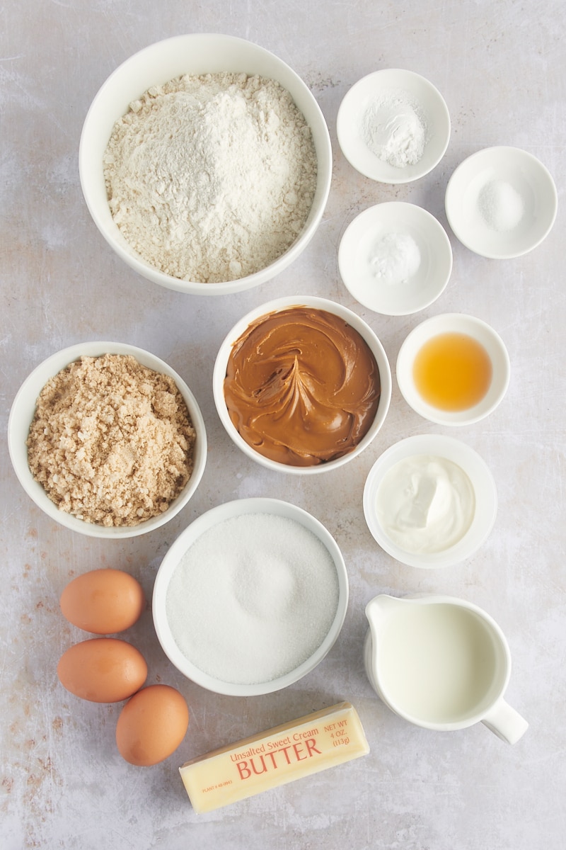 overhead view of ingredients for Cookie Butter Bundt Cake