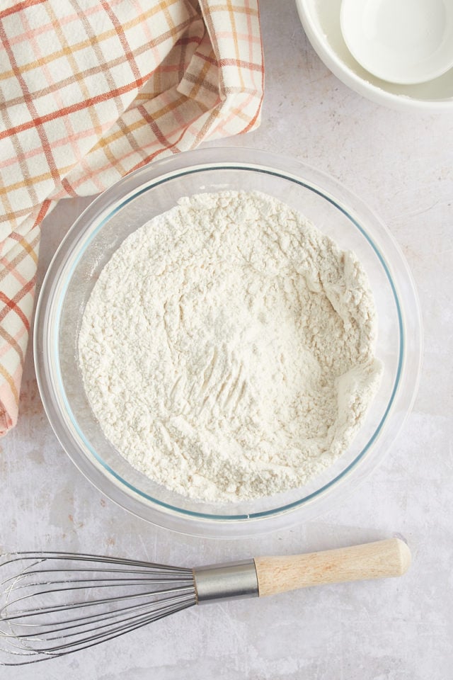 overhead view of mixed dry ingredients for Cookie Butter Bundt Cake