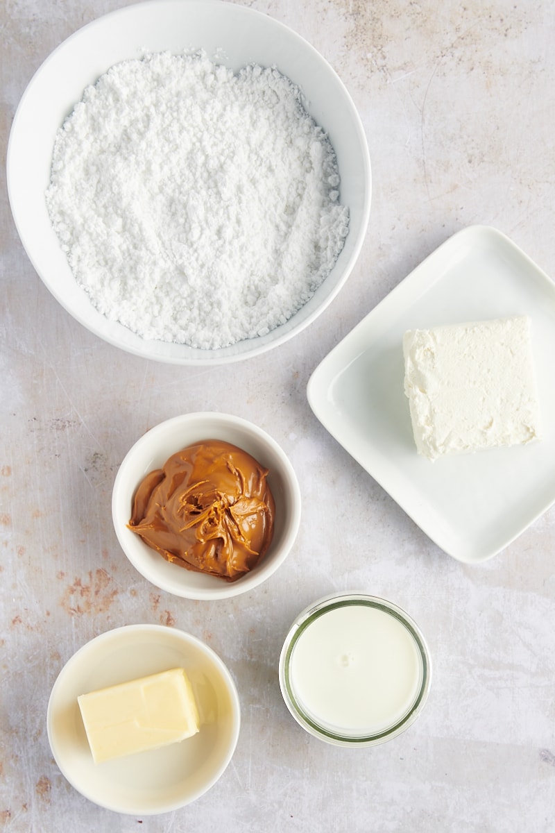 overhead view of ingredients for cream cheese cookie butter glaze