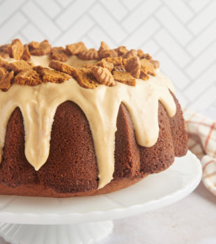Cookie Butter Bundt Cake on a white cake stand