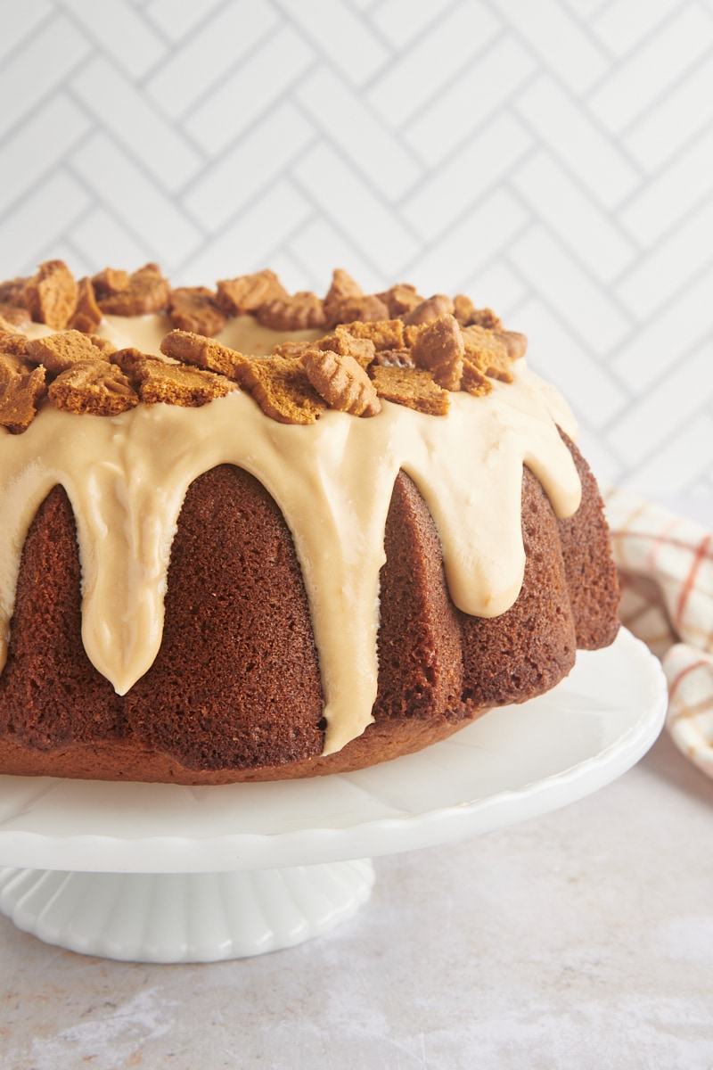 Cookie Butter Bundt Cake on a white cake stand