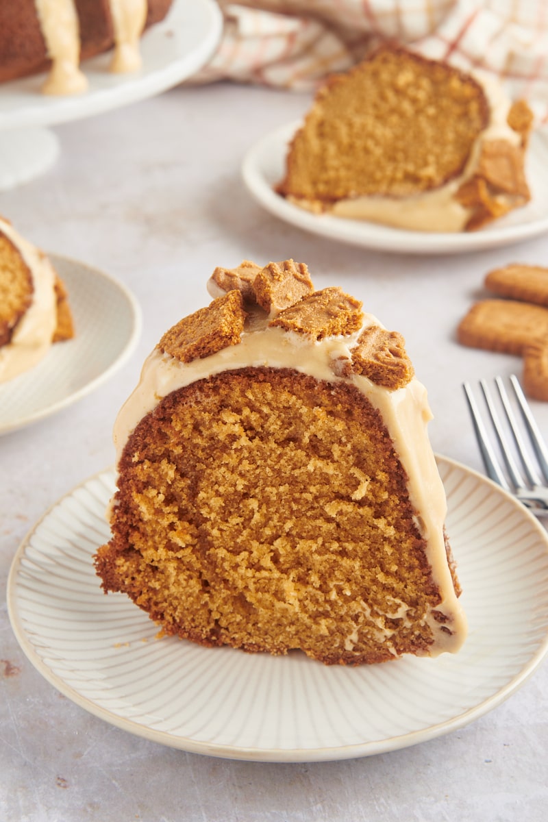 a slice of Cookie Butter Bundt Cake on a white and beige cake with more slices on plates in the background