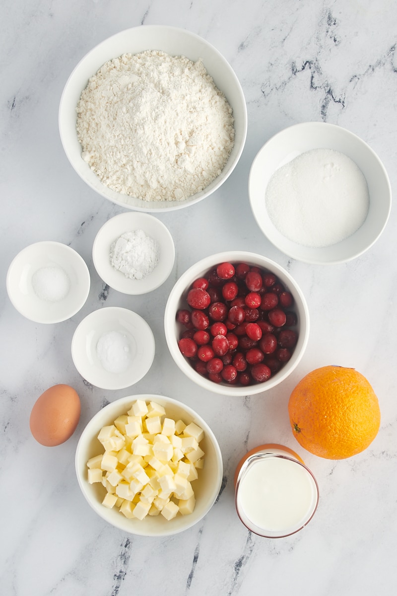 overhead view of ingredients for cranberry orange scones