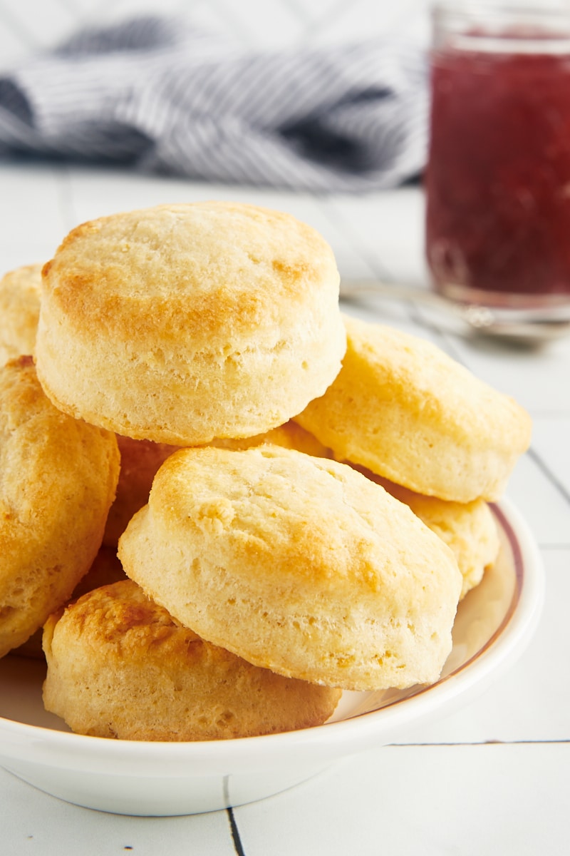 Stack of cream biscuits in bowl