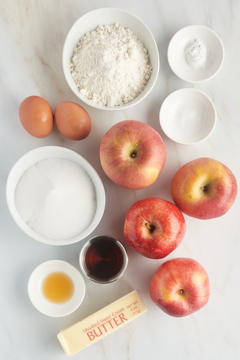 overhead view of ingredients for French apple cake