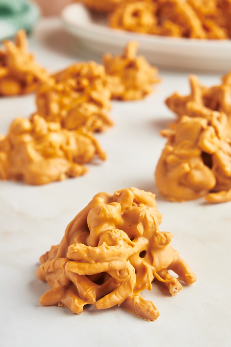 a close-up view of a butterscotch Haystack surrounded by more haystacks