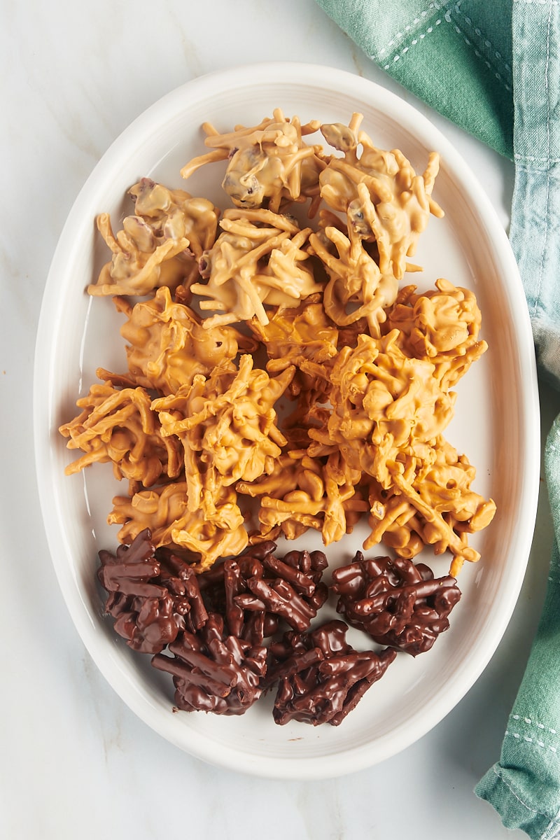 overhead view of three kinds of Haystacks on an oval white platter