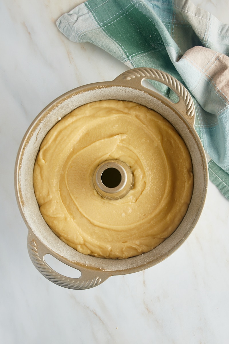 overhead view of Louisiana Crunch Cake batter in a tube pan