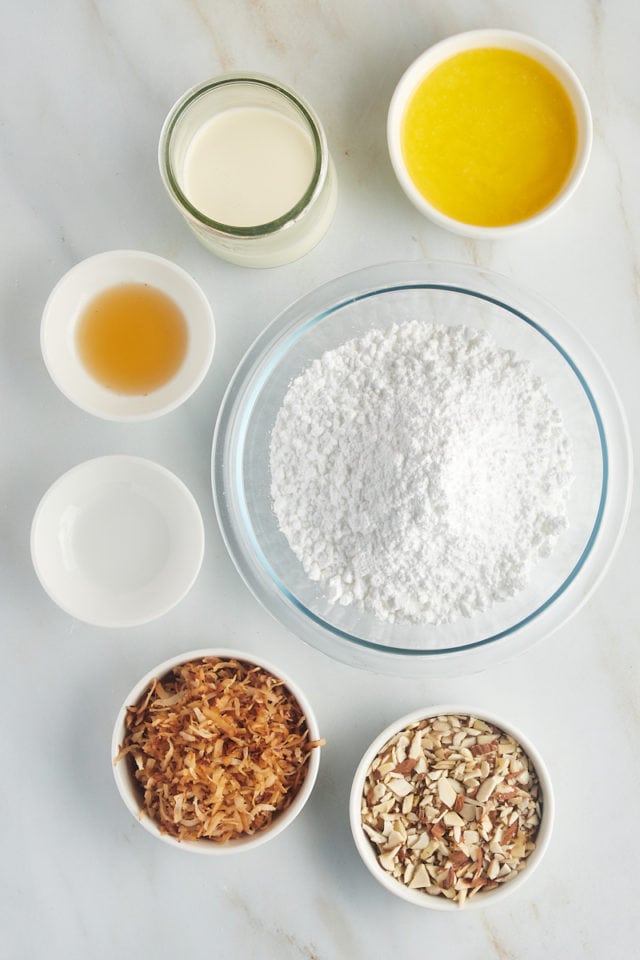 overhead view of ingredients for glazing and topping Louisiana Crunch Cake
