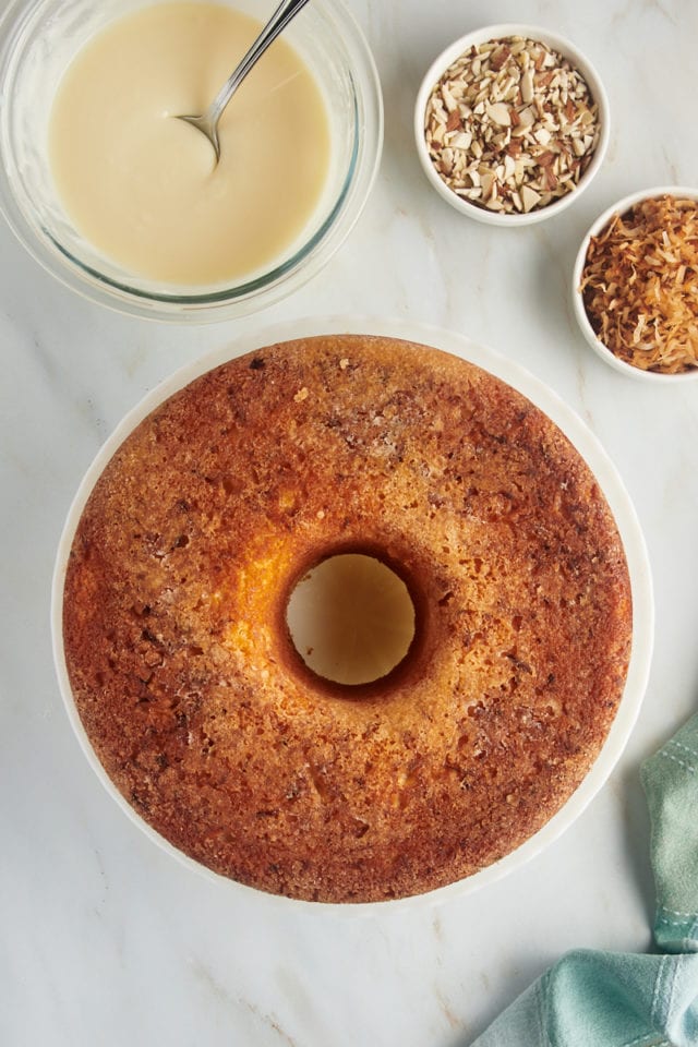 overhead view of Louisiana Crunch Cake on a white cake plate