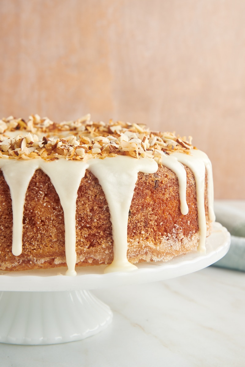 Louisiana Crunch Cake on a white cake stand