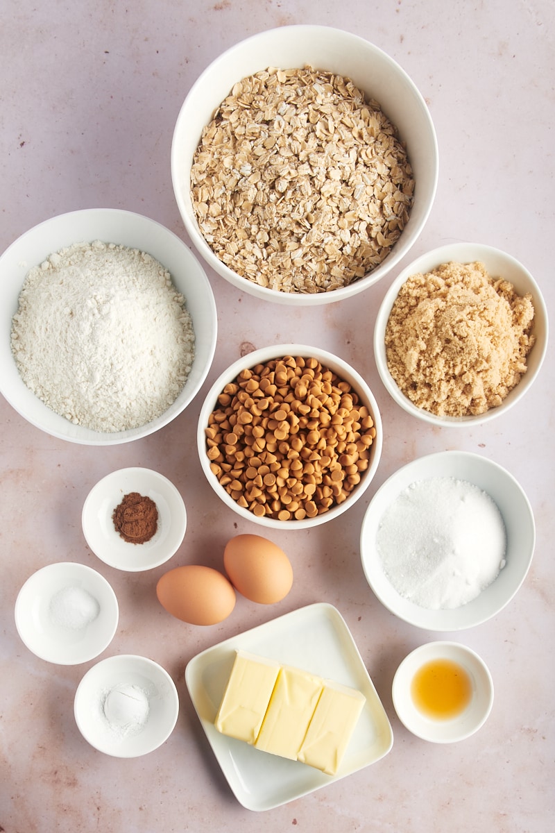 Overhead view of ingredients for oatmeal butterscotch cookies