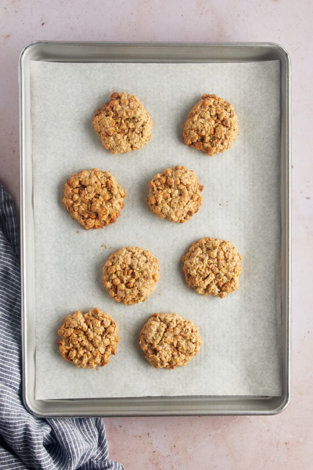 Overhead view of oatmeal butterscotch cookies on parchment-lined sheet pan