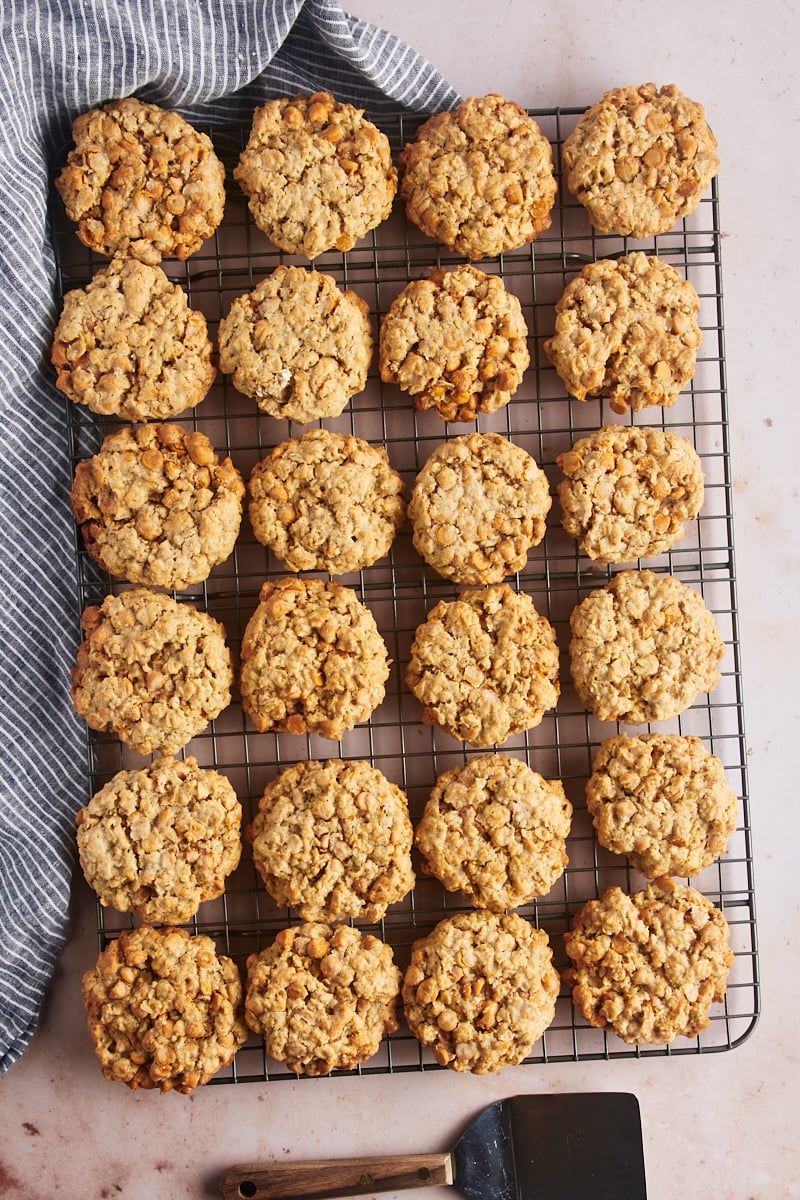 Overhead view of oatmeal butterscotch cookies on wire rack