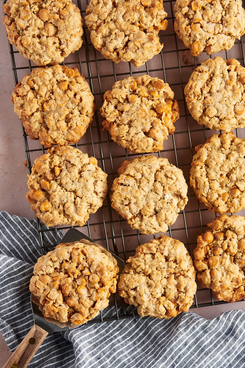 Overhead view of oatmeal butterscotch cookies on wire rack