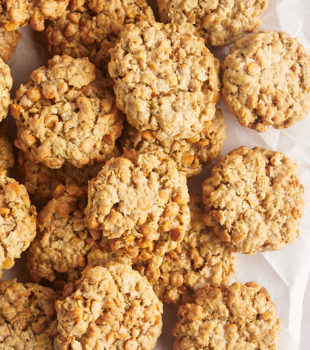 Overhead view of thick, chewy oatmeal butterscotch cookies
