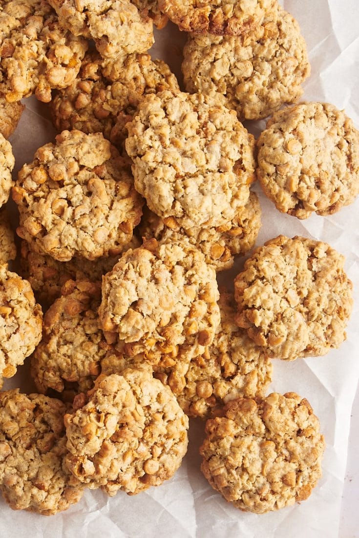 Overhead view of thick, chewy oatmeal butterscotch cookies