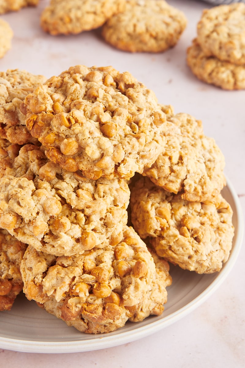 Oatmeal butterscotch cookies stacked on plate