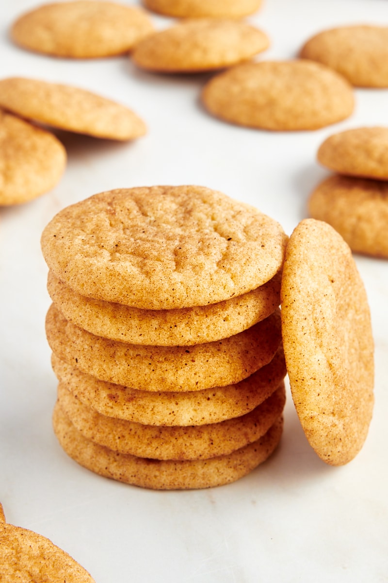 Stack of snickerdoodle cookies with one cookie leaning next to stack
