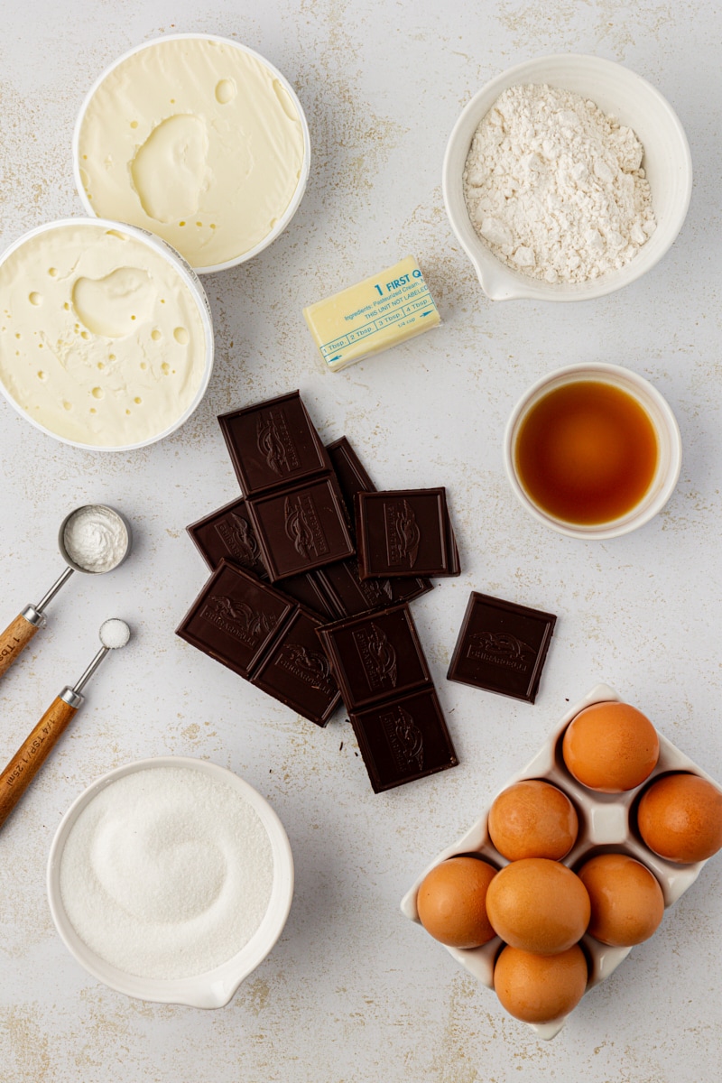 Overhead view of ingredients for cheesecake brownies