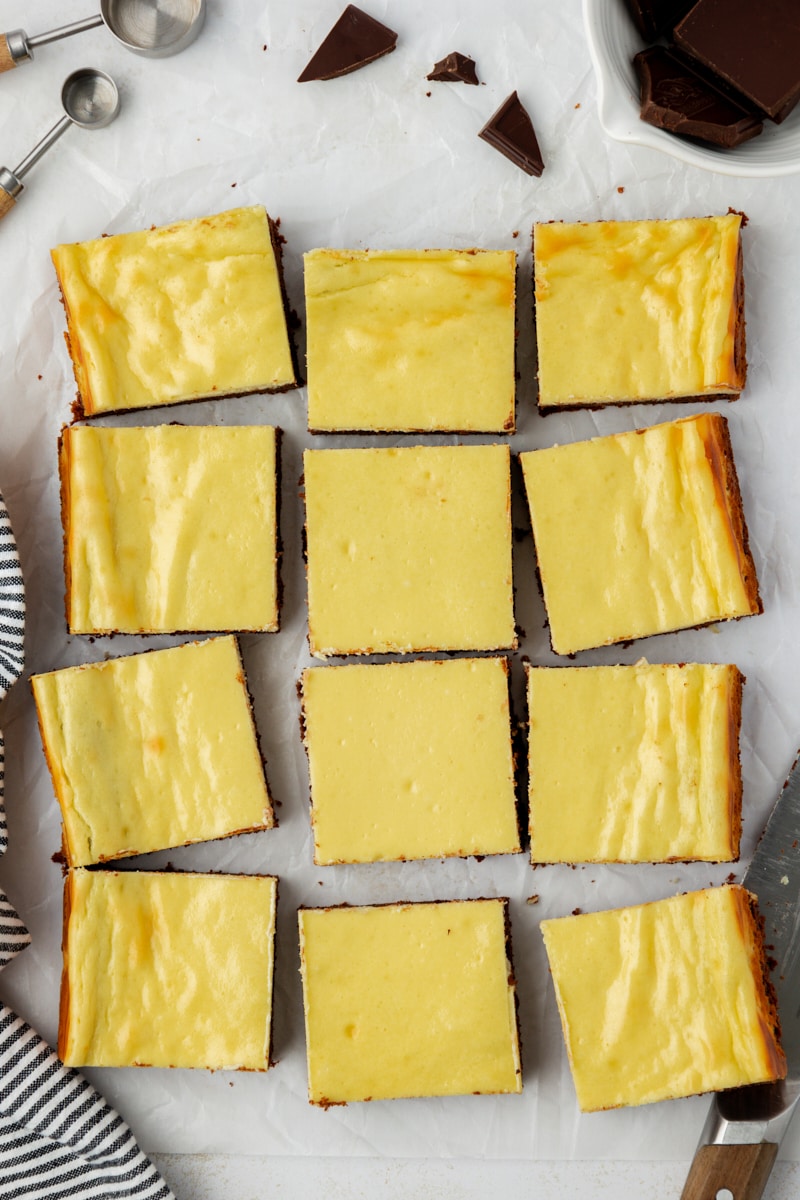 Overhead view of cut cheesecake brownies