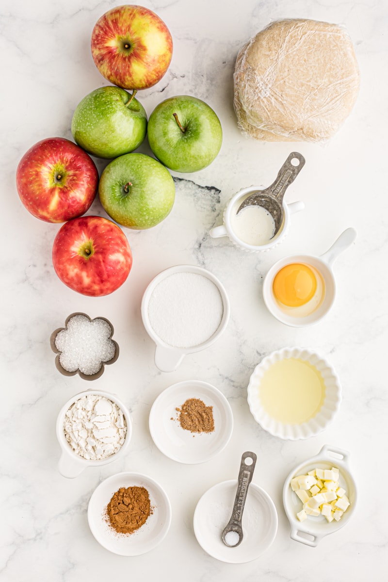 Overhead view of ingredients for apple pie