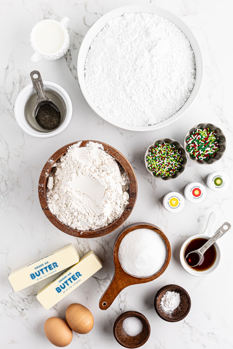 overhead view of ingredients for cut-out sugar cookies