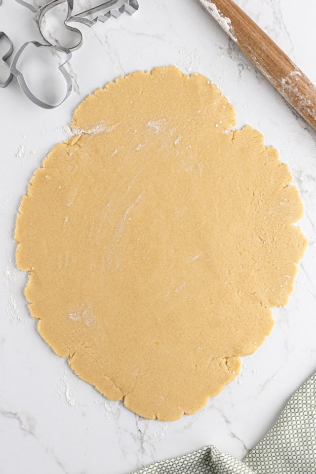 overhead view of rolled cut-out sugar cookie dough