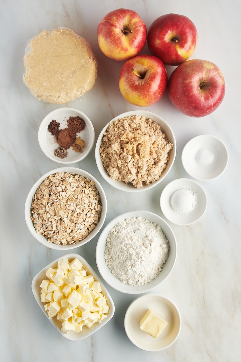 overhead view of ingredients for apple crumb pie