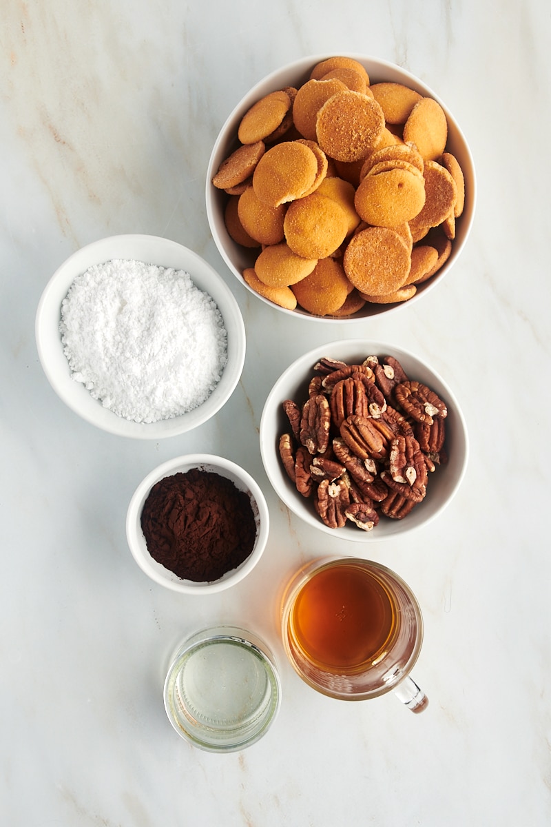 overhead view of ingredients for bourbon balls