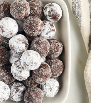 overhead view of bourbon balls on a white tray
