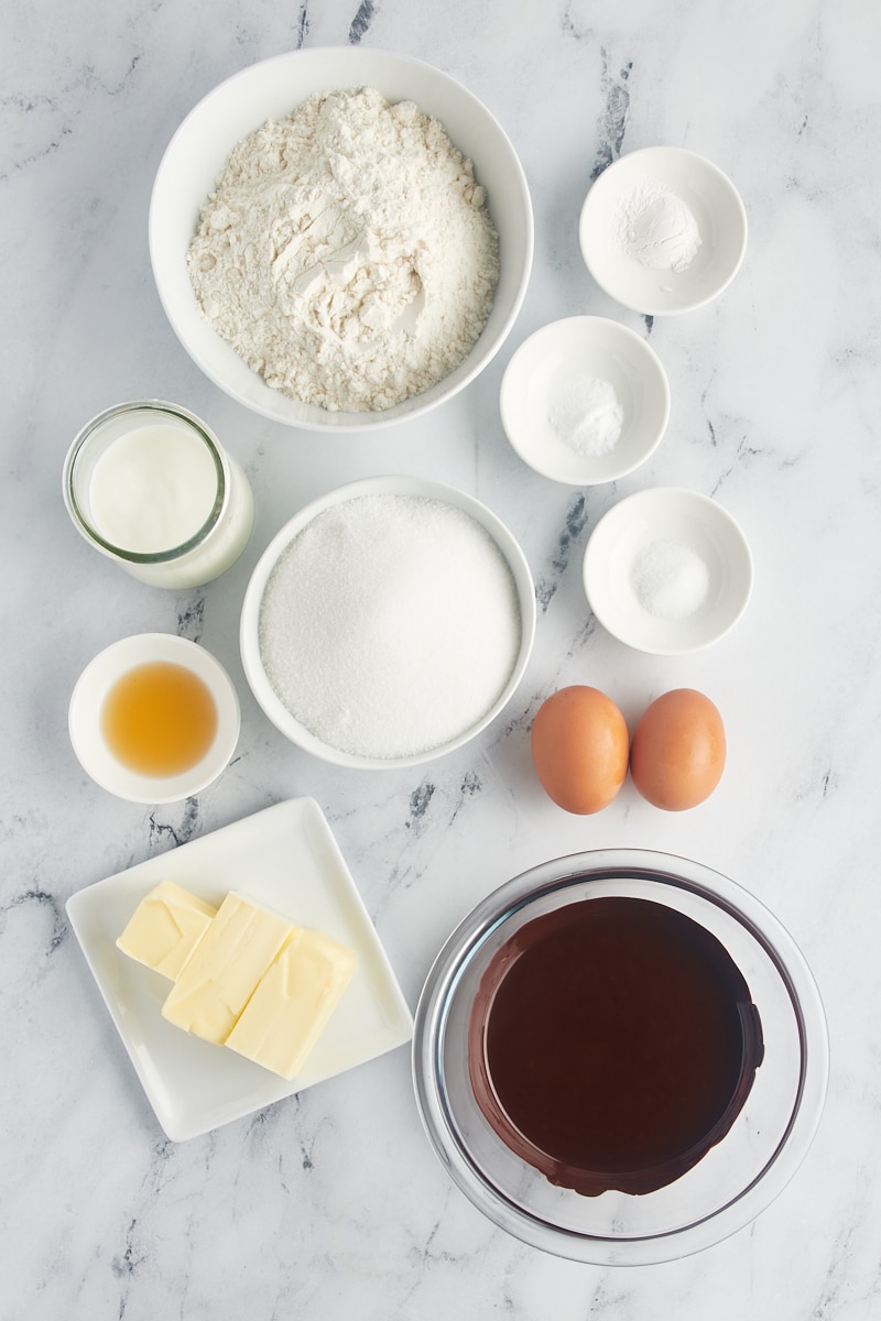 Overhead view of ingredients for Butterfinger cake