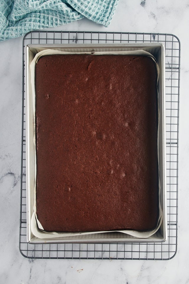 Overhead view of baked chocolate cake