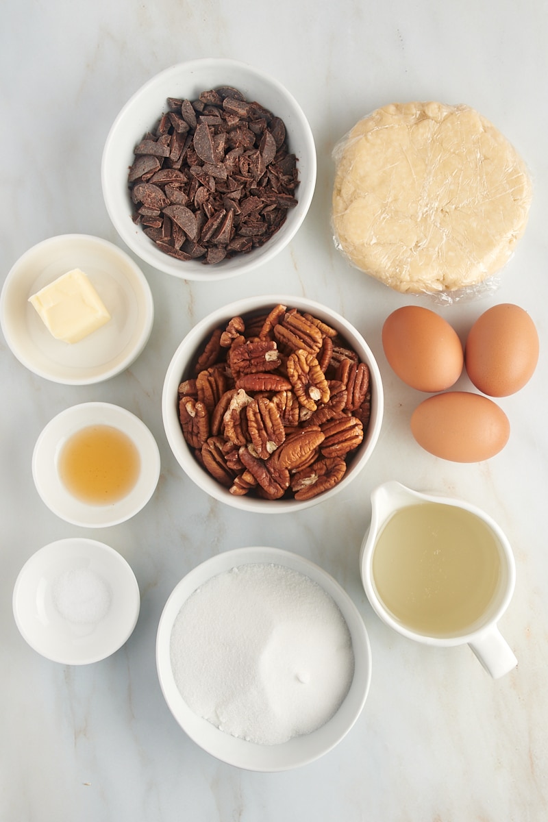 overhead view of ingredients for chocolate pecan pie