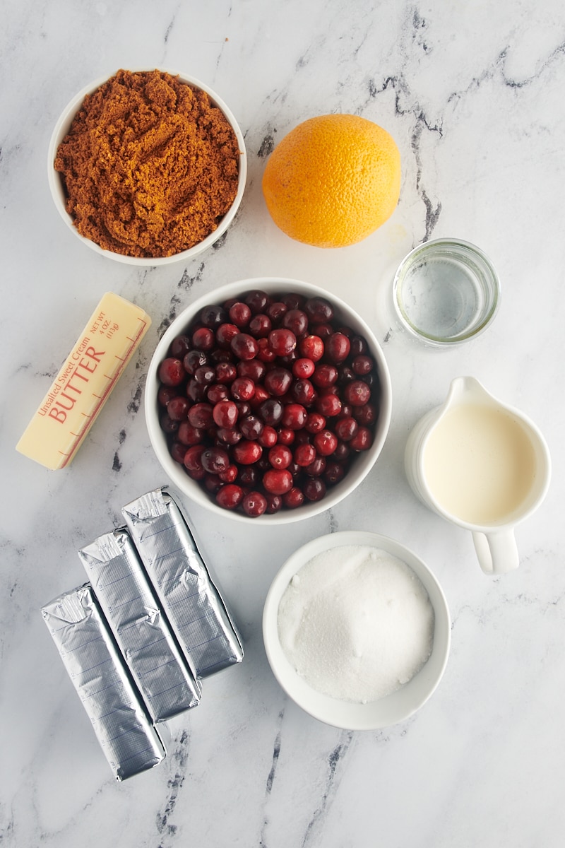 overhead view of ingredients for no-bake cranberry cheesecake
