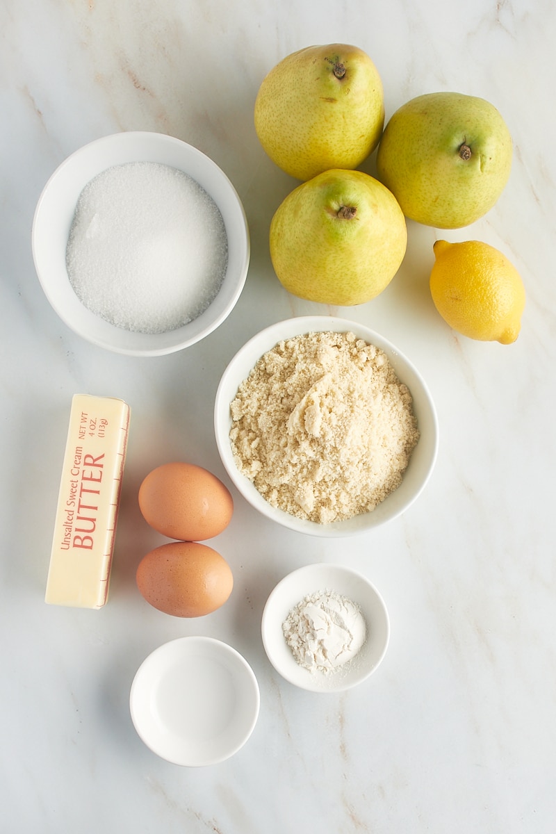 Overhead view of ingredients for pear frangipane tart filling