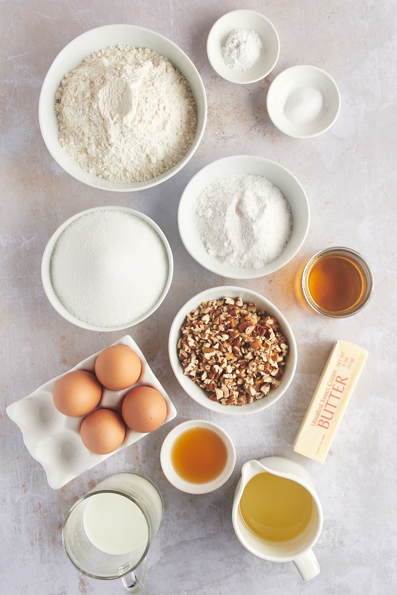 Overhead view of ingredients for rum cake