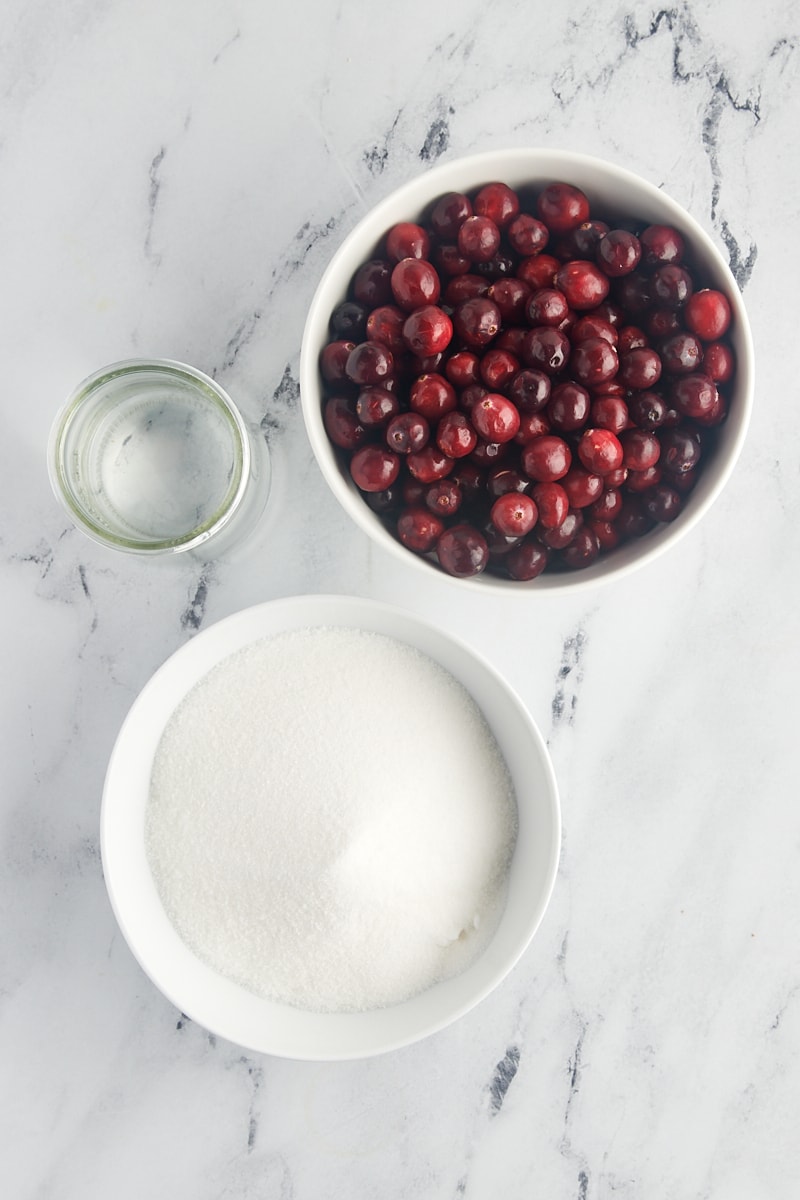 overhead view of ingredients for making sugared cranberries