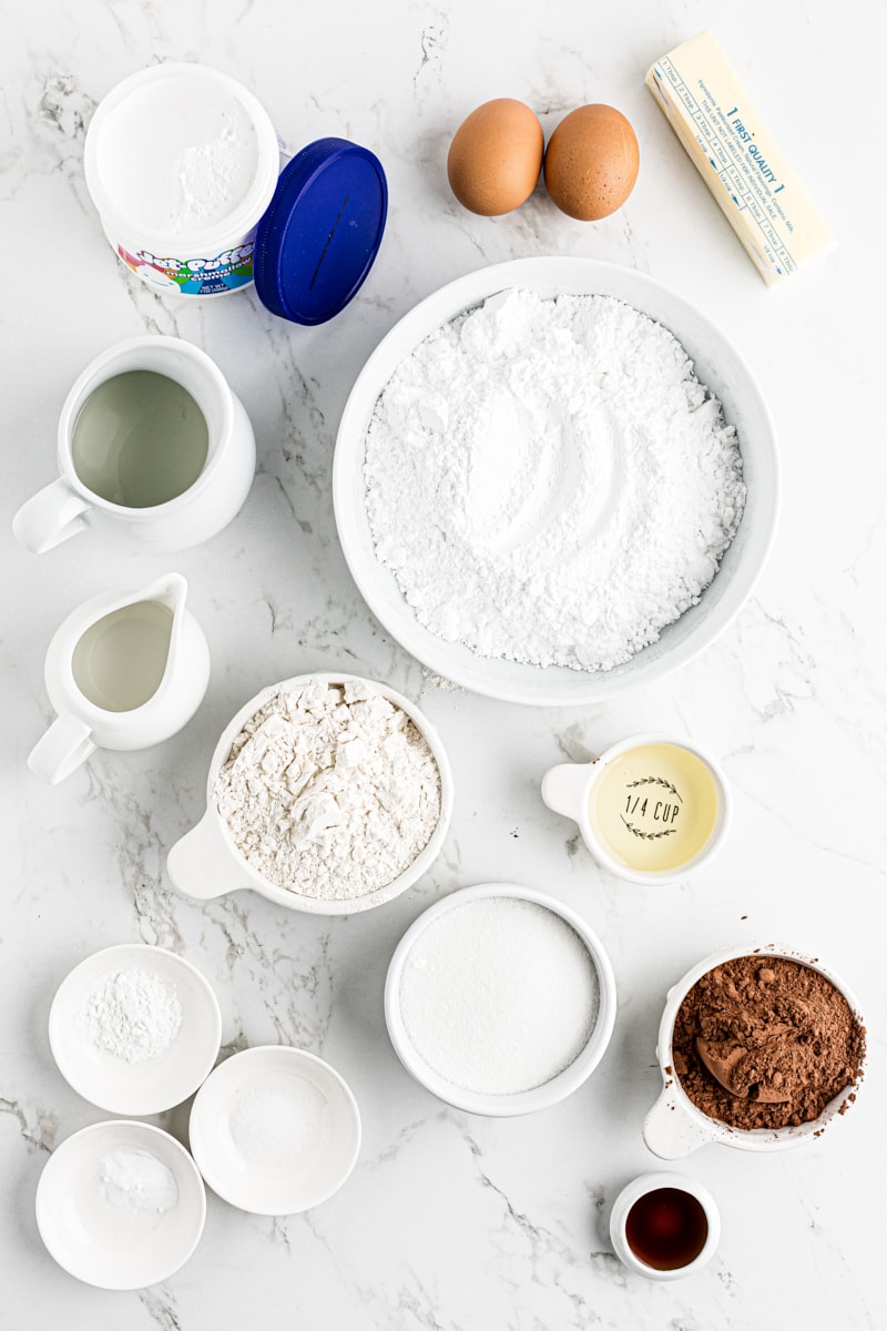 overhead view of ingredients for hot chocolate cupcakes