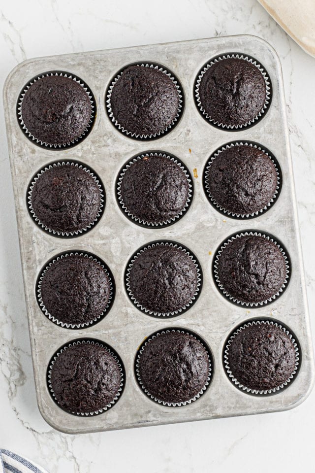 overhead view of freshly baked chocolate cupcakes in a muffin pan