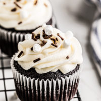 a chocolate cupcake topped with marshmallow frosting, chocolate sprinkles, and marshmallow bits