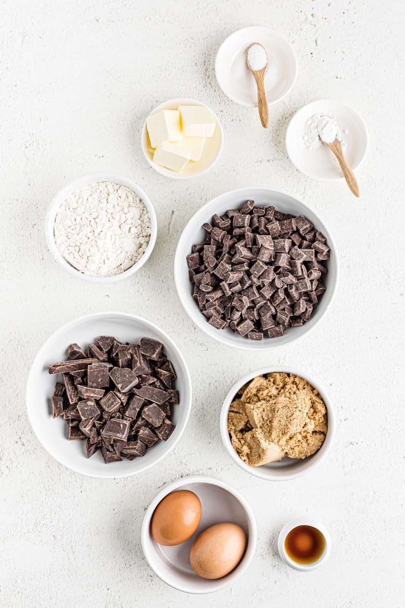 Overhead view of ingredients for outrageous chocolate cookies