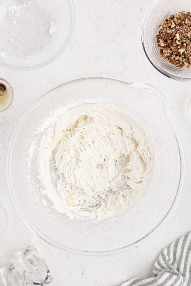 Overhead view of rum frosting in mixing bowl